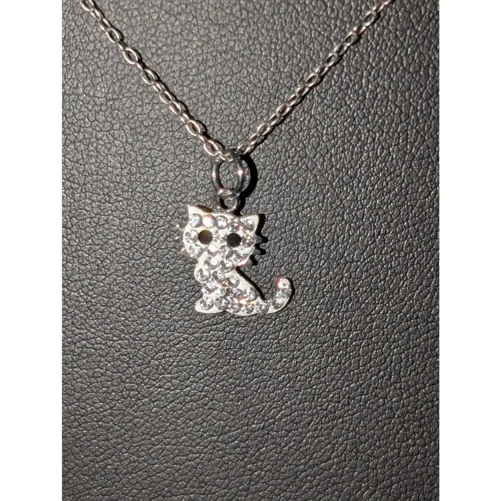 925 Sterling Silver Crystal Cat Pendant 18" Chain Necklace - Picture 5 of 6